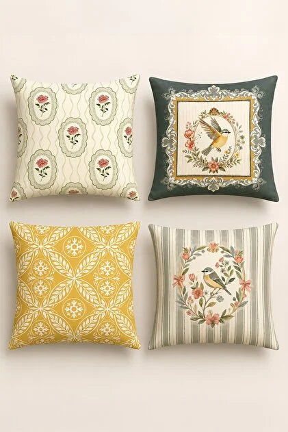 Vintage Garden Bird Cushion Cover Set | Set of 4