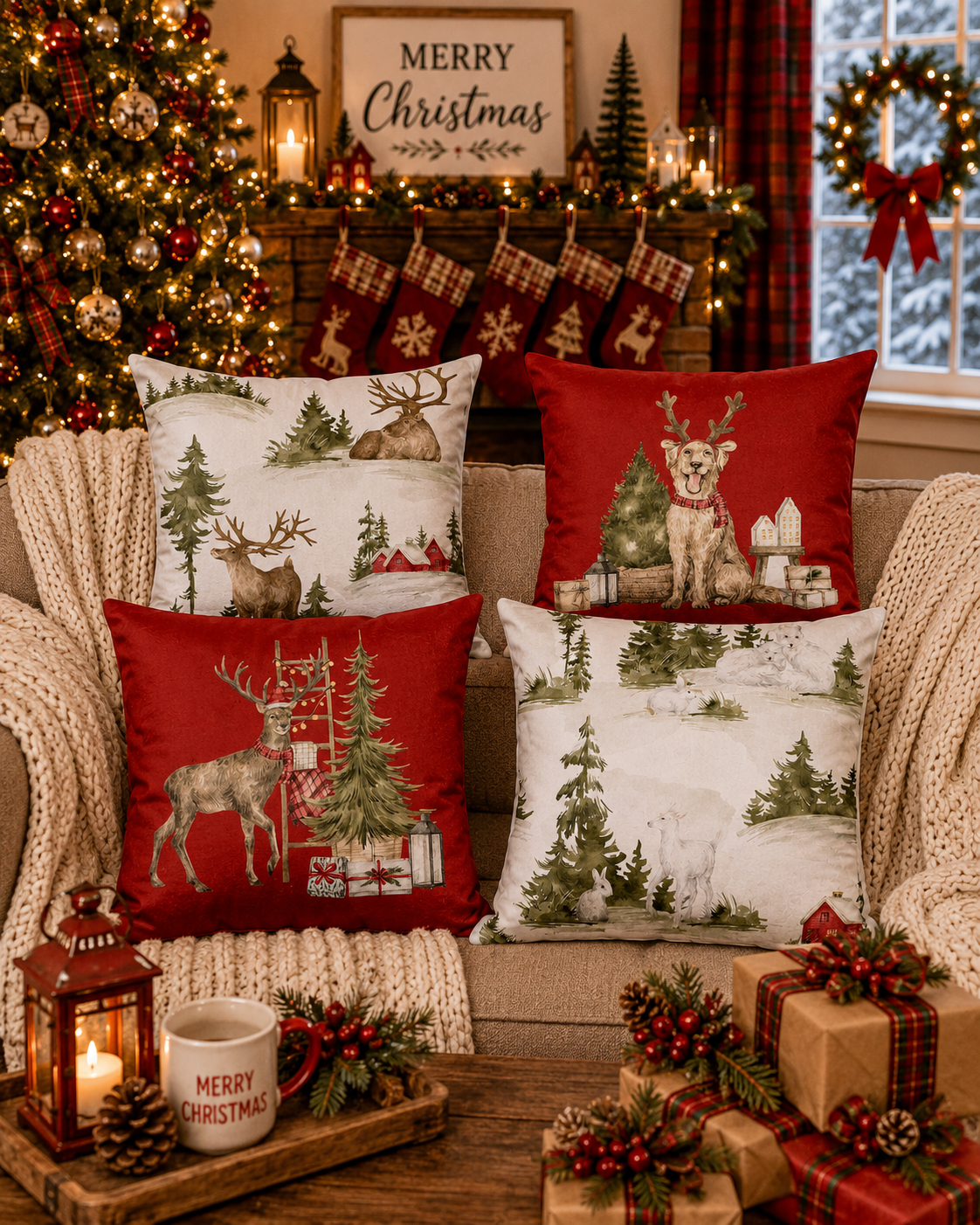 Christmas Woodland Pillow Covers Set of 4