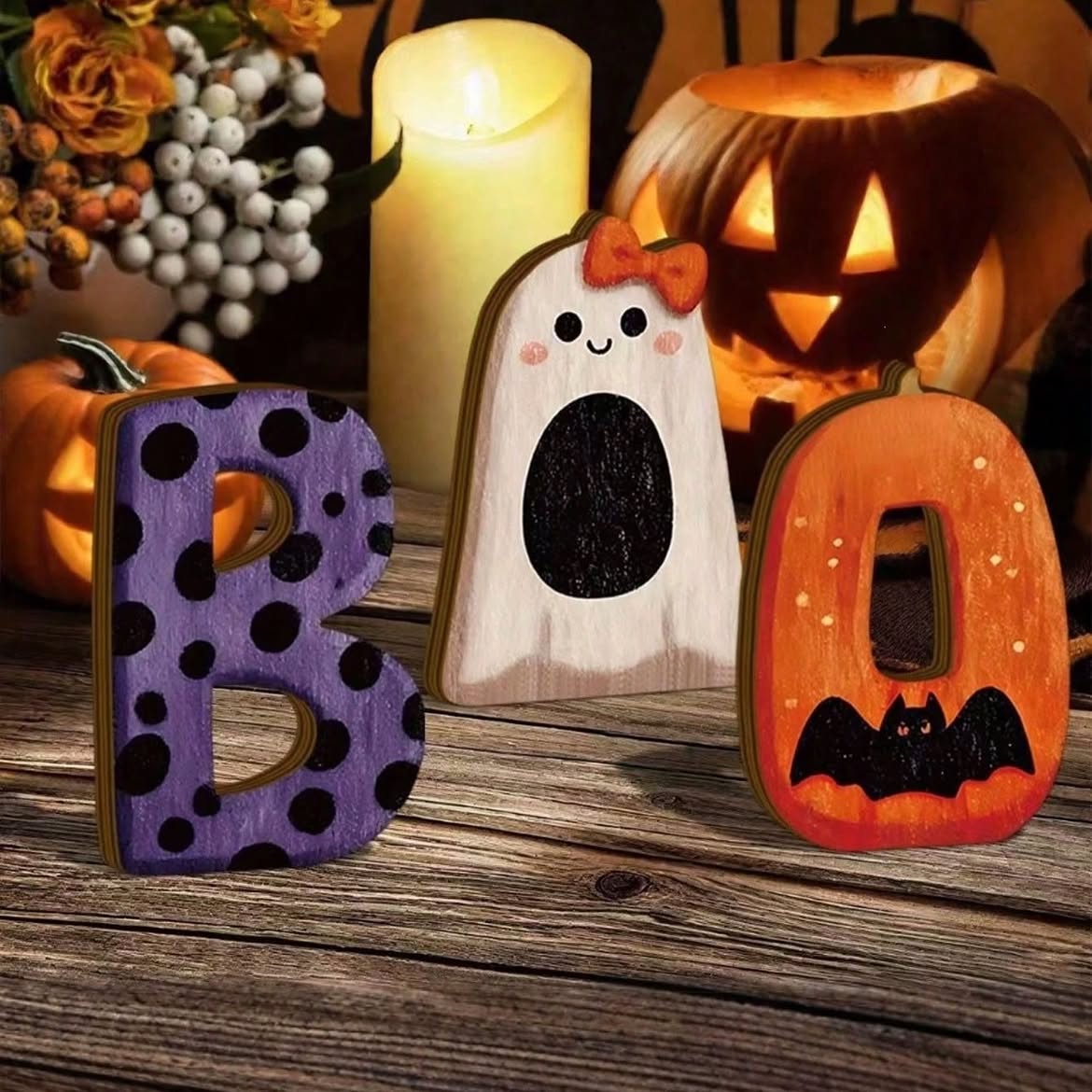 3-Piece BOO Halloween Wooden Tabletop Decoration Set
