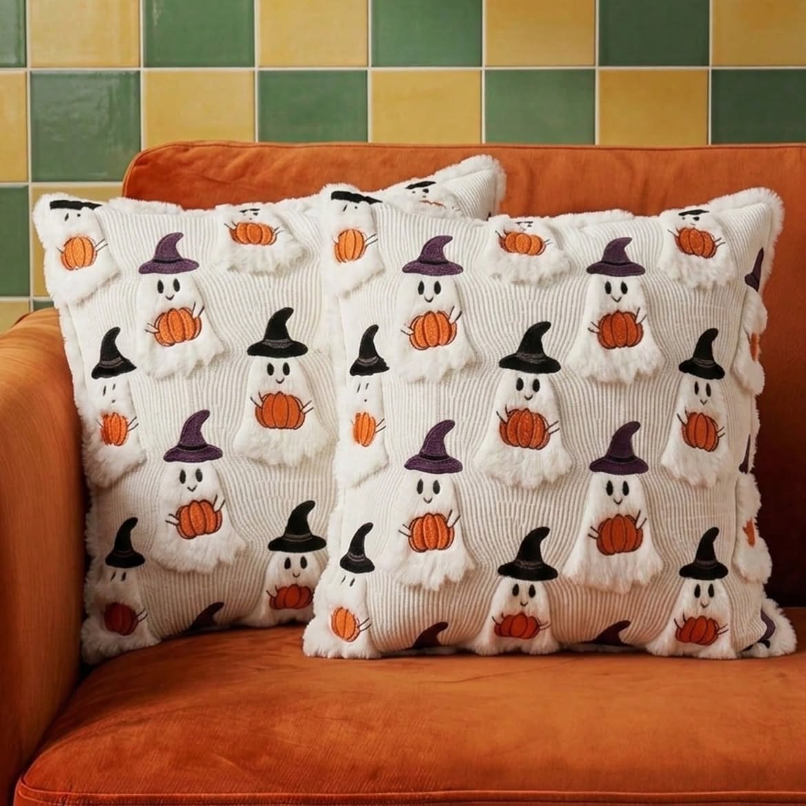 Halloween Ghost & Pumpkin Cushion Cover | Spooky Witch Hat Pillow Cover