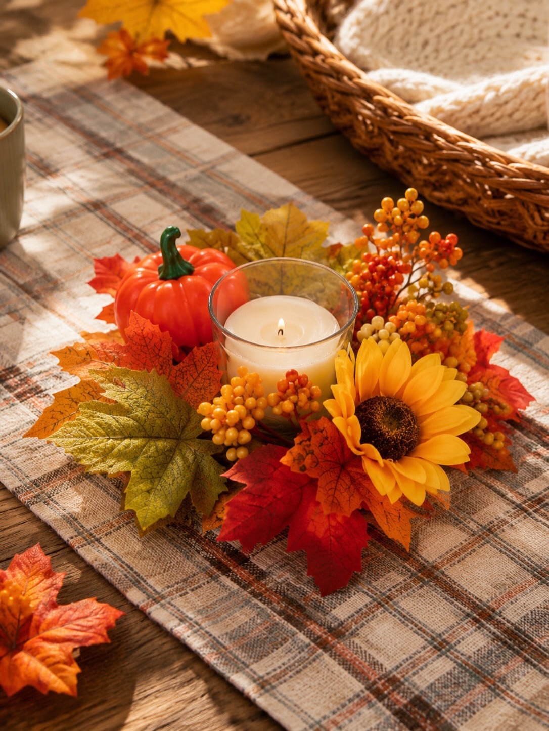 Autumn maple leaf candle ring wreaths with cream pillar candles on stacked vintage books and linen table runner with scattered maple leaves