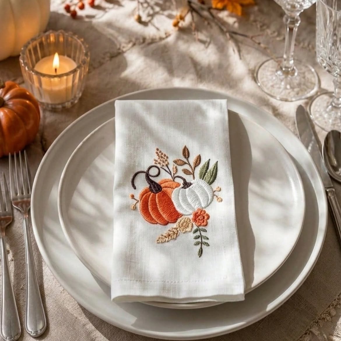 Pumpkin duo embroidered dinner napkin 40x40cm folded on cream ceramic plate with dried botanicals in soft autumn light