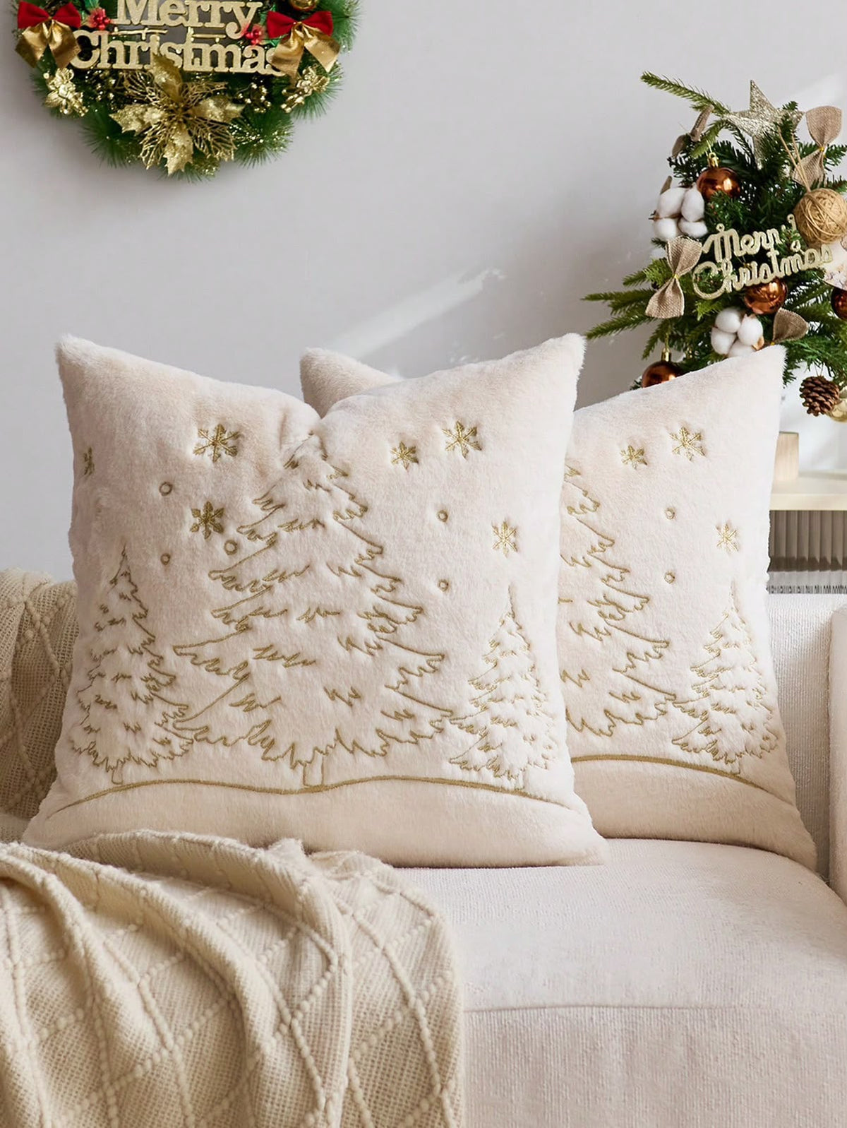 Luxury Cream Christmas Cushion Covers | Rocking Horse & Christmas Tree