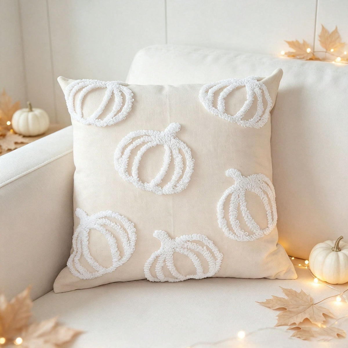 Tufted white pumpkin pillow cover - Design B: multi-pumpkin toss pattern on cream background