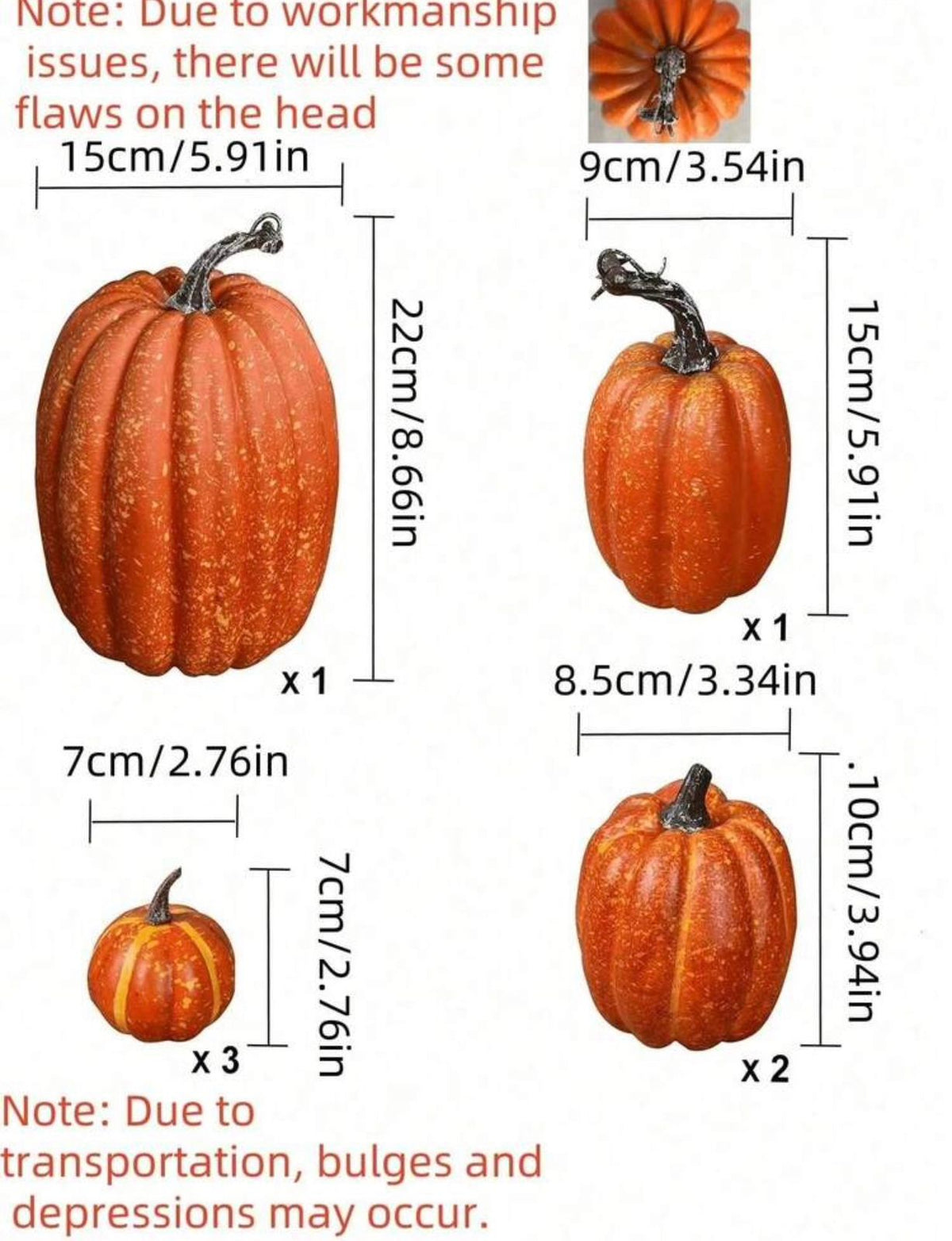 Size chart for faux pumpkin set of 7 - Large 15x22cm, Medium Tall 9x15cm, Medium Round 8.5x10cm x2, Small 7x7cm x3