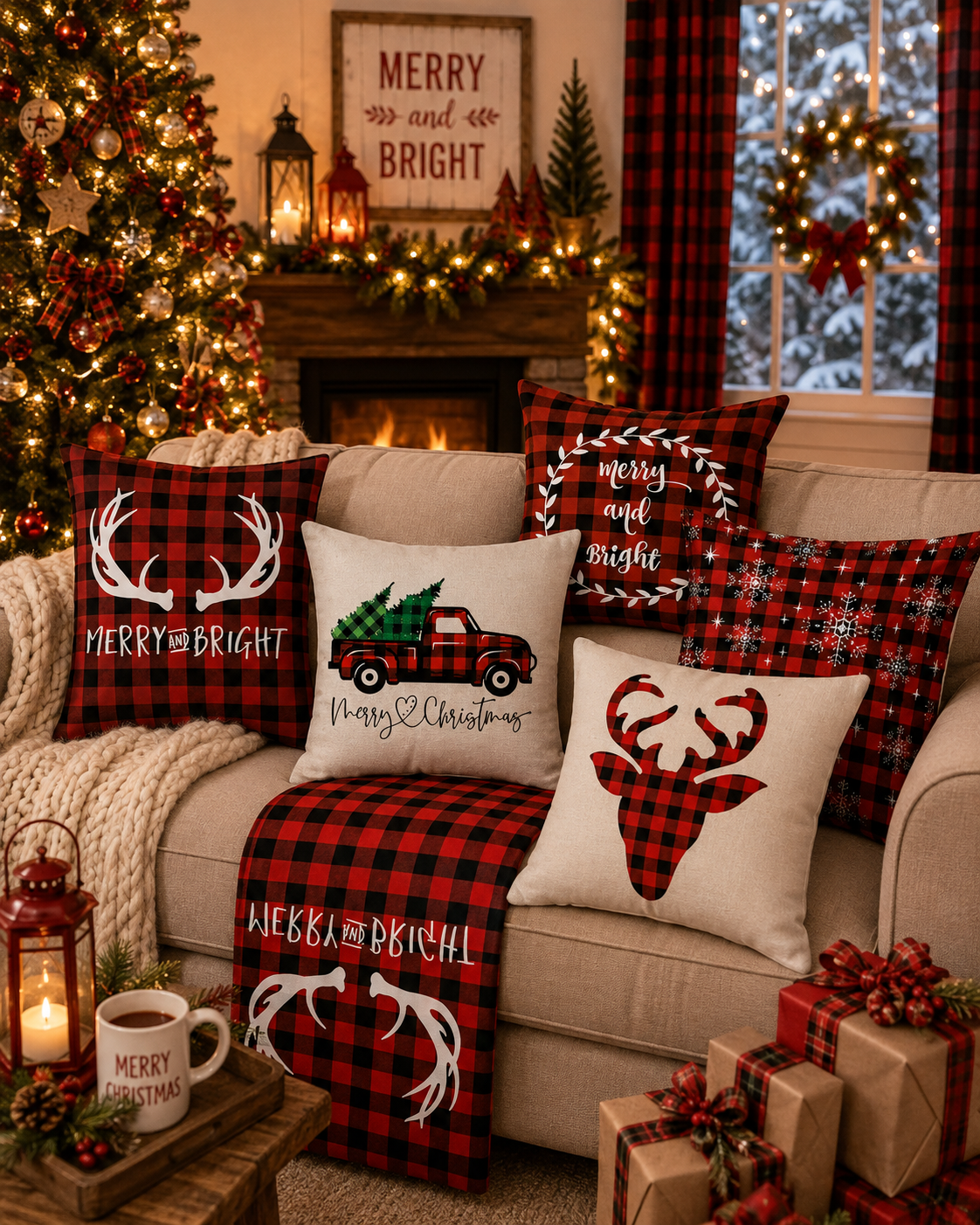 Merry and Bright buffalo plaid Christmas pillow covers and table runner in cozy Christmas living room setting