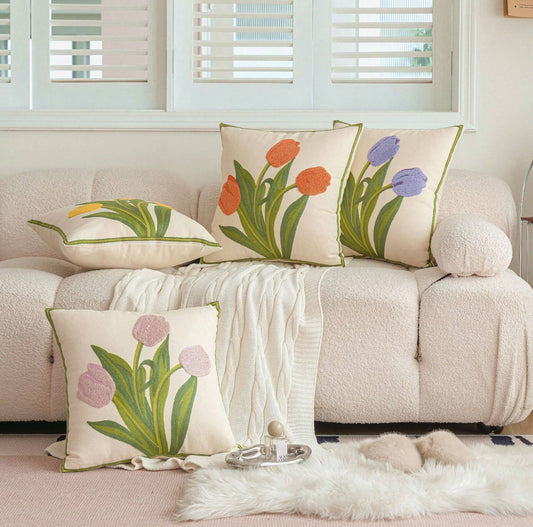 Tulip Embroidered Cushion Cover