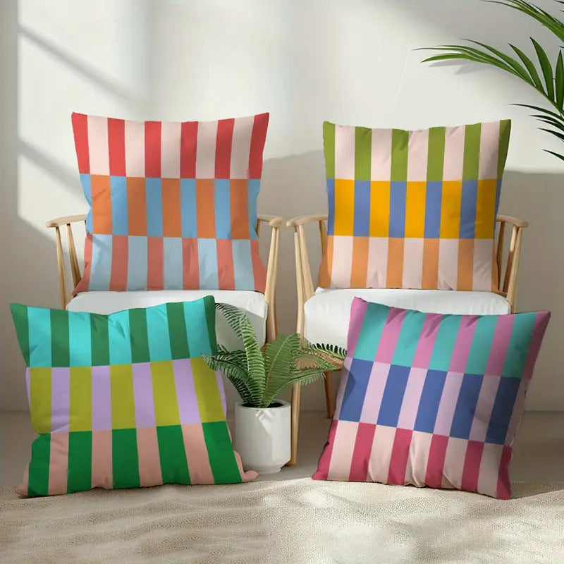 Dopamine Stripes Cushion Cover Set featuring colorful geometric striped decorative pillow covers in vibrant pastel tones for modern home décor.
