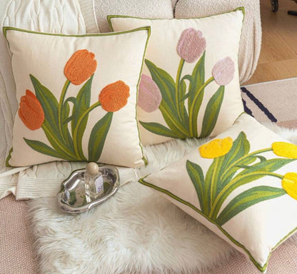 Tulip Embroidered Cushion Cover