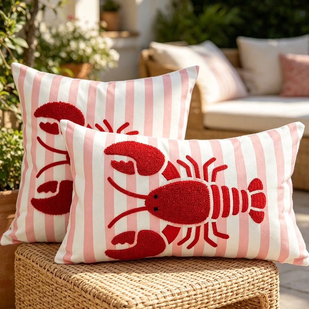 Coastal Lobster Striped Cushion Cover