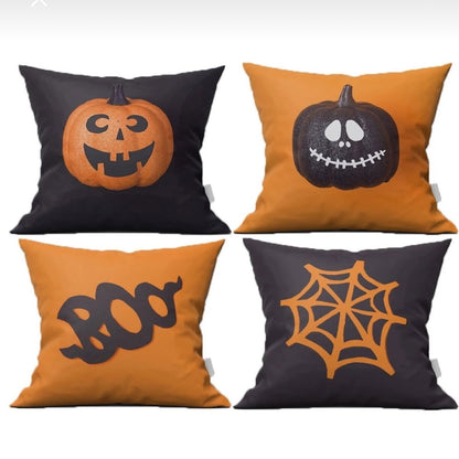 Set of 4 Halloween Pumpkin & Spiderweb Cushion Covers