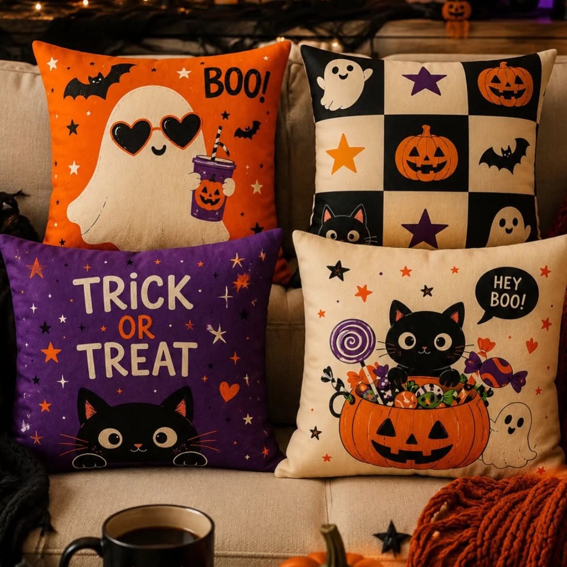Set of 4 Halloween Cushion Covers | Ghost, Pumpkin & Black Cat
