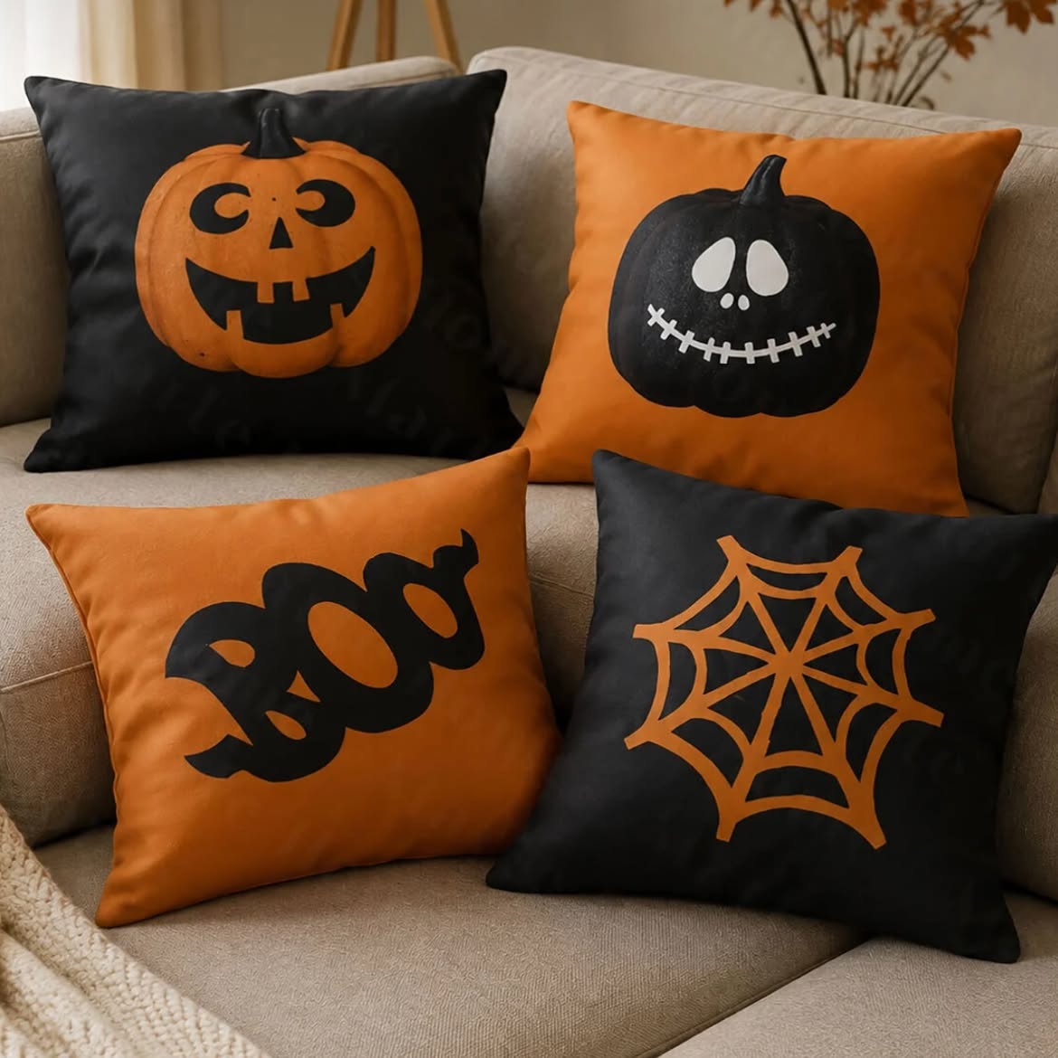 Set of 4 Halloween Pumpkin & Spiderweb Cushion Covers