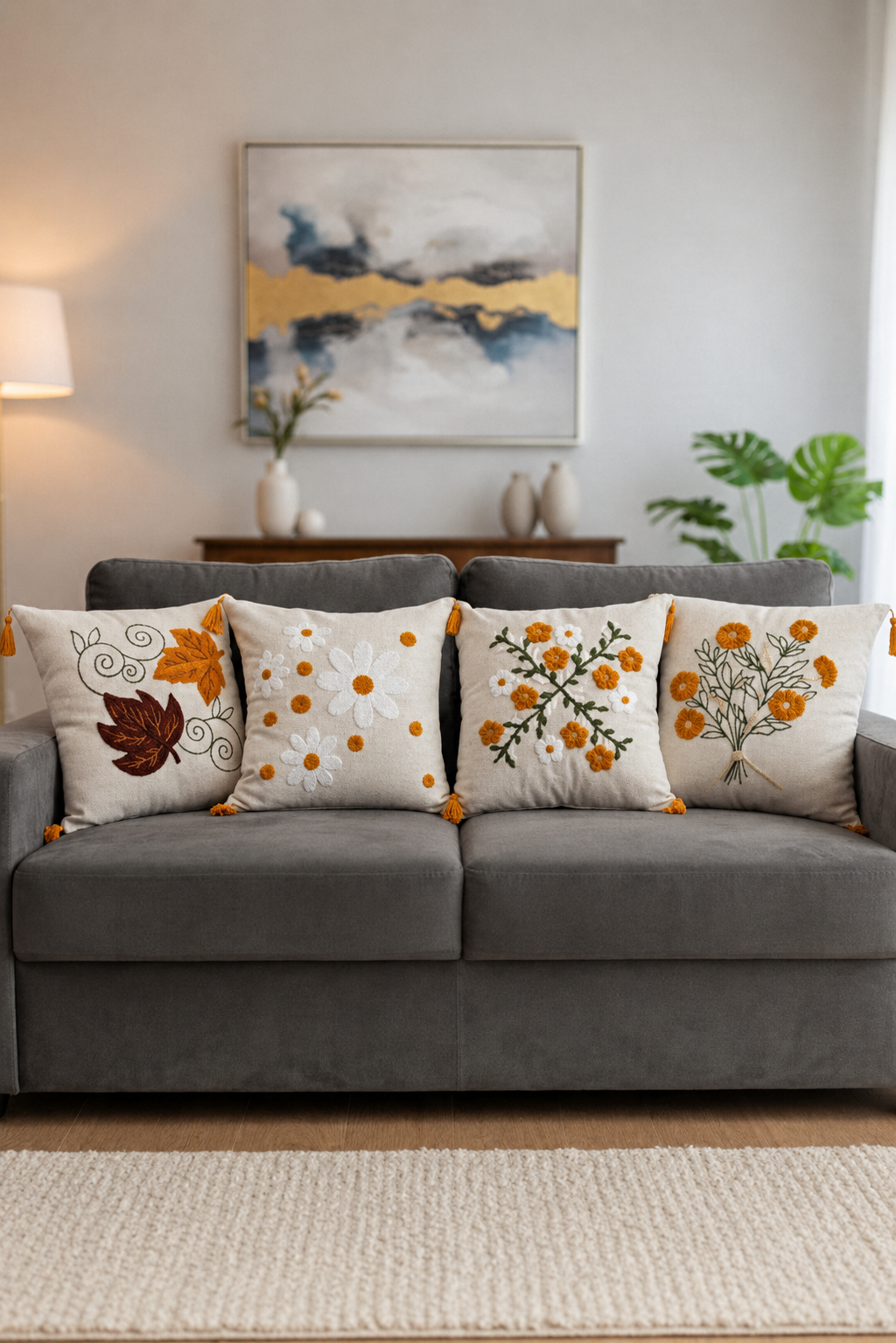 4-Piece Autumn Blooms Embroidered Pillow Cover Set