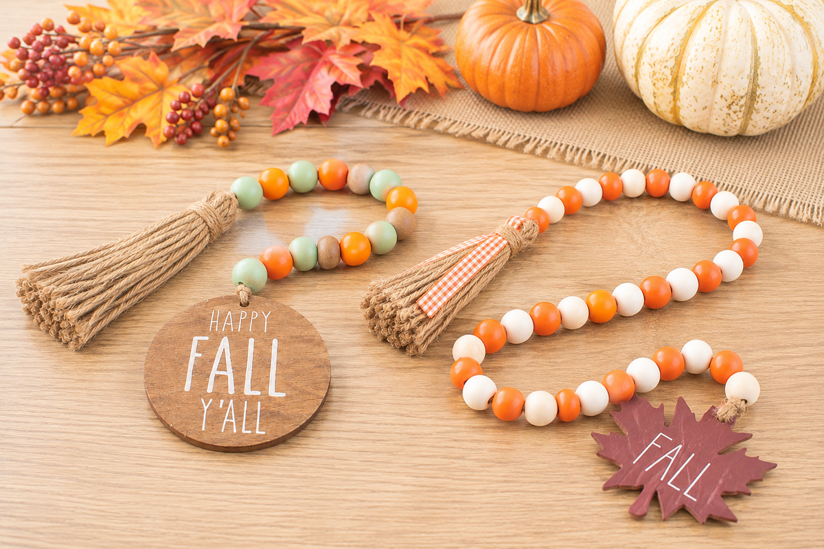 Fall Wooden Bead Garland with Tassel and Sign