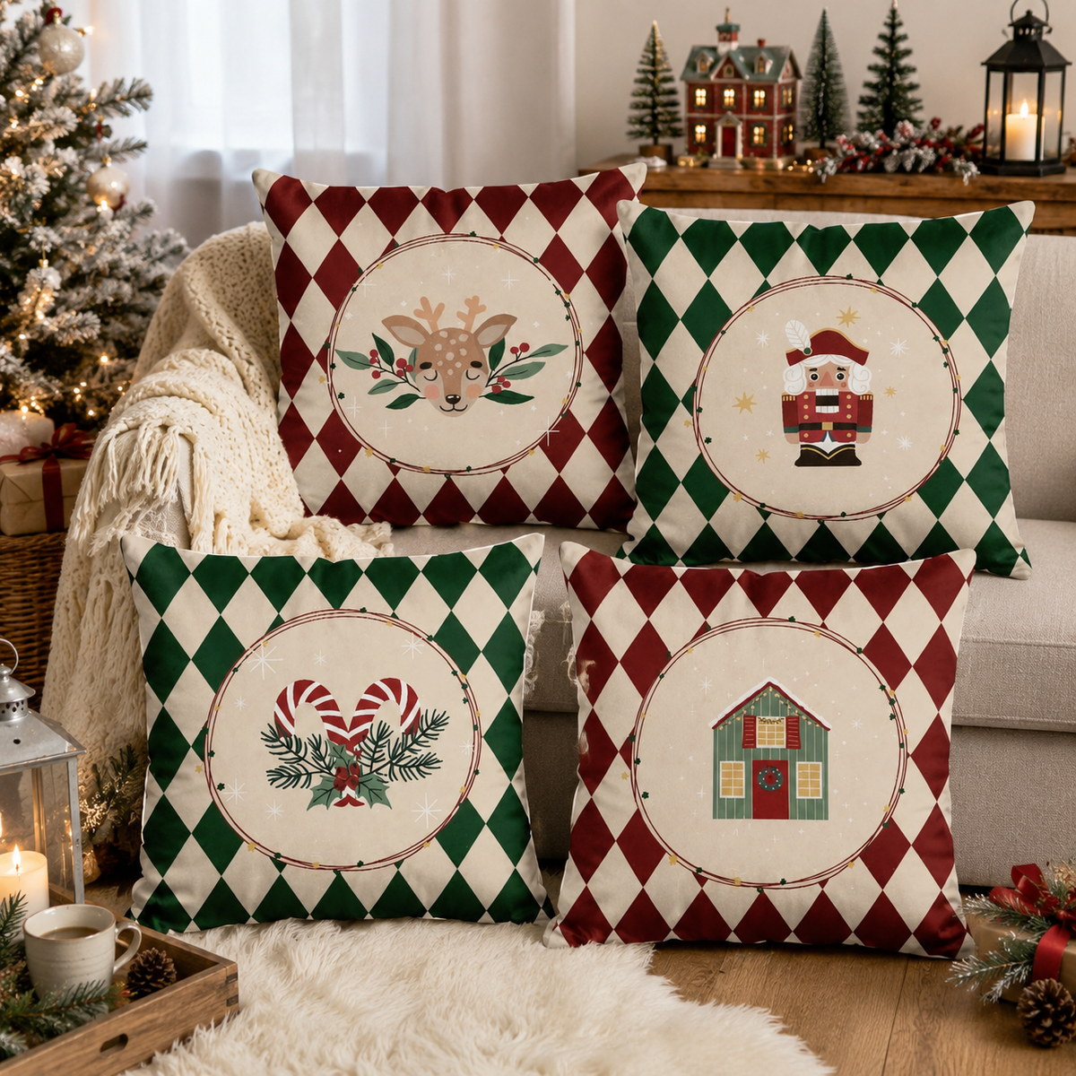 Christmas Argyle Pillow Cover Set of 4 | Reindeer, Nutcracker, Candy Cane & Gingerbread House