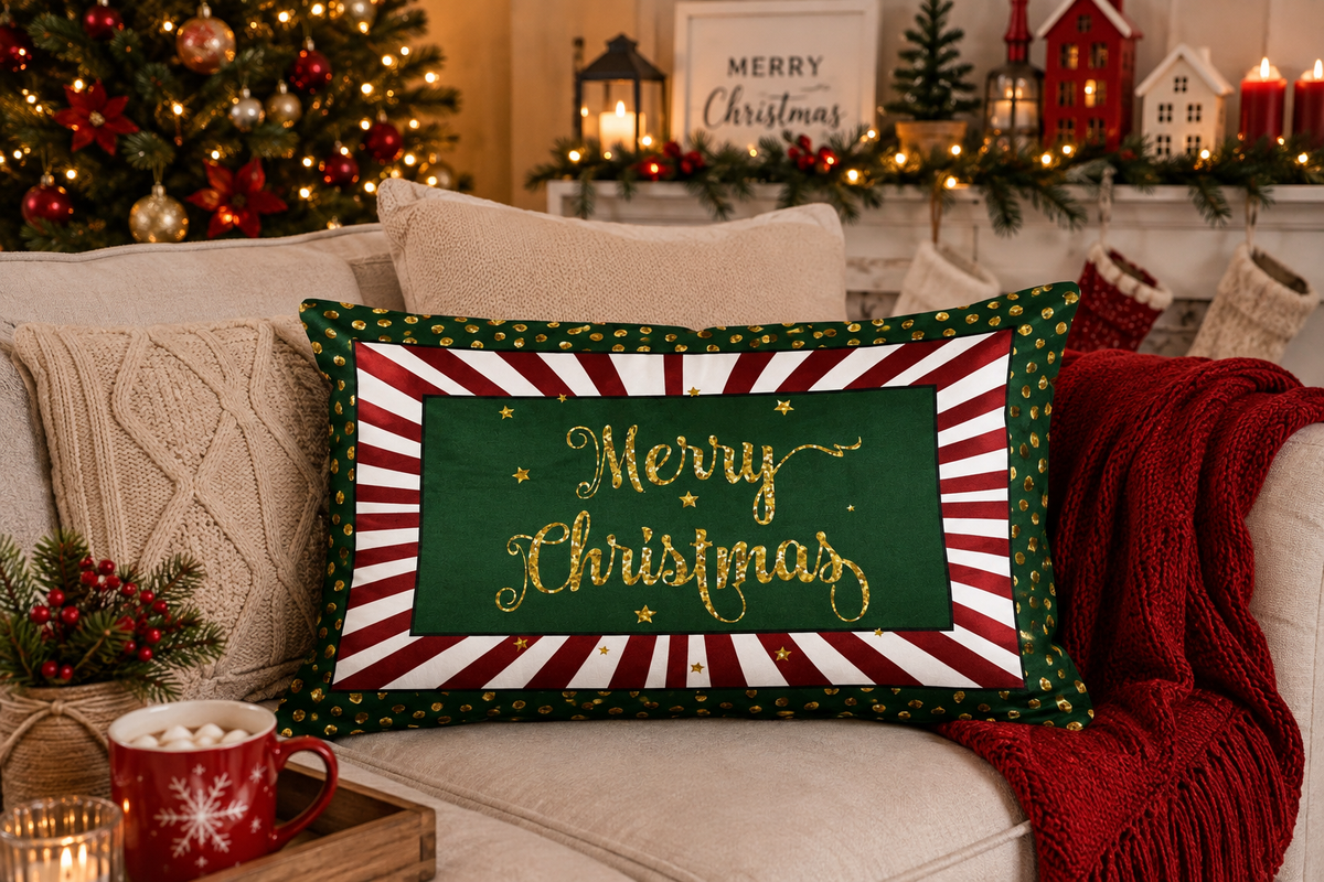 Merry Christmas Lumbar Pillow Cover | Red Stripe & Gold Glitter