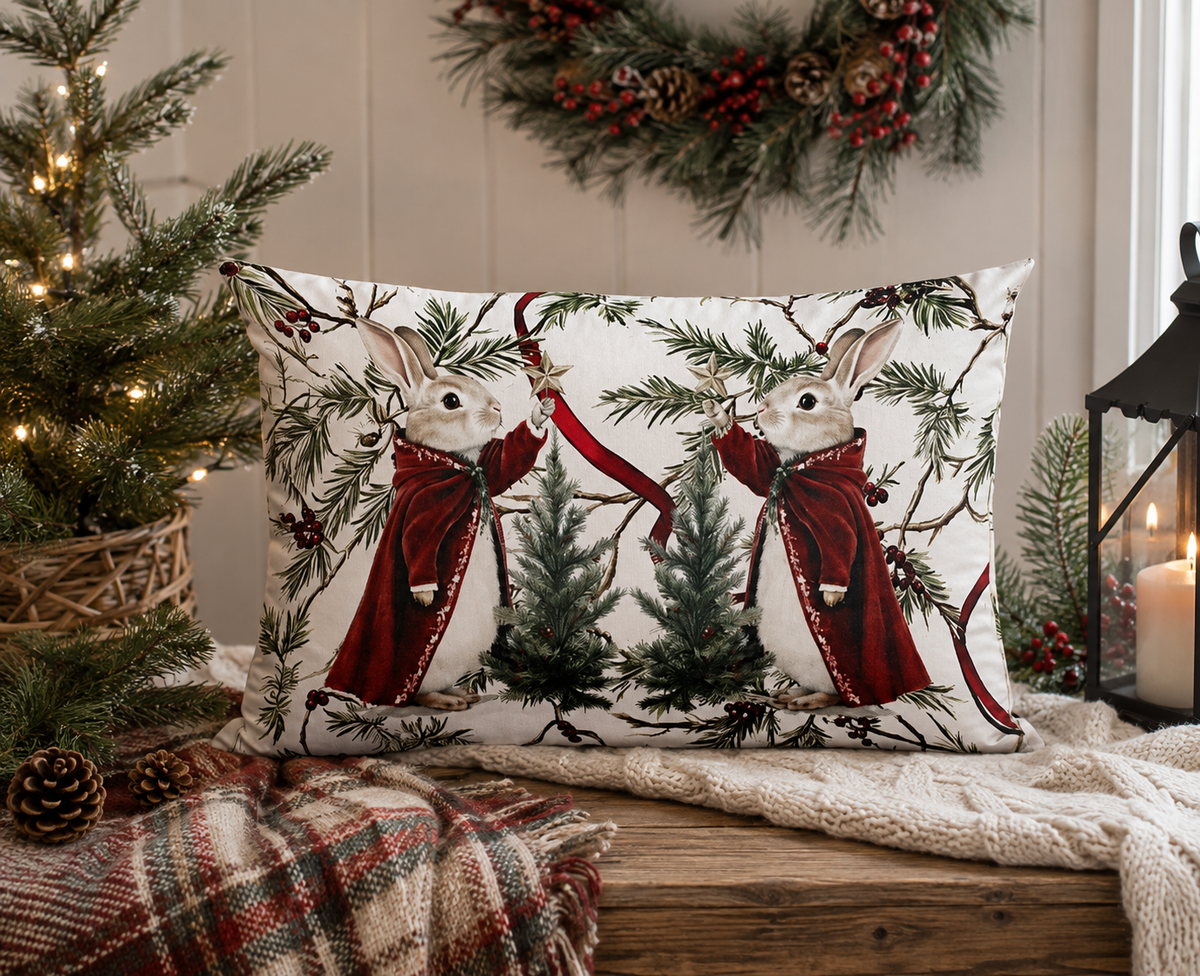 Victorian Christmas rabbit lumbar pillow cover styled in cozy Christmas living room setting