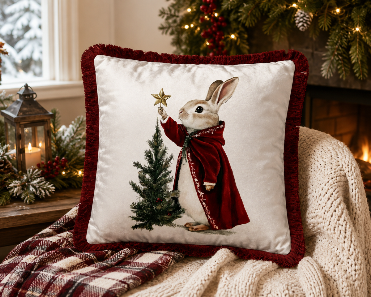 Victorian Christmas rabbit fringe pillow cover with crimson border in cozy Christmas living room