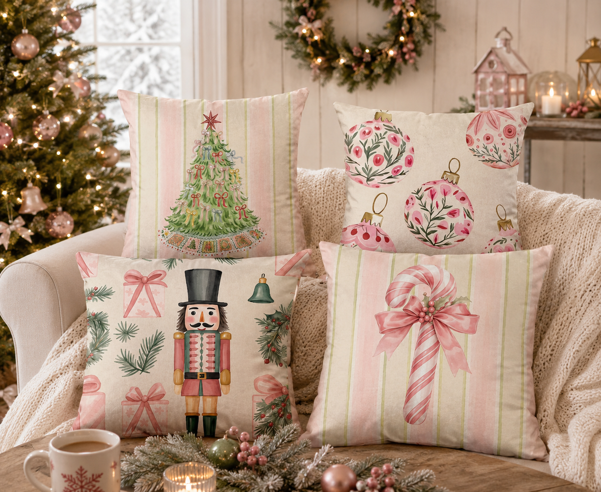 Pink Christmas watercolor pillow cover set of 4 styled on sofa in pink Christmas living room