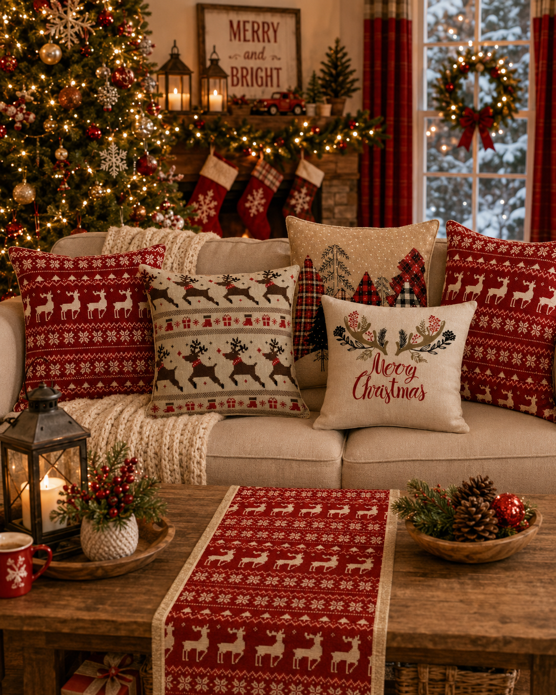 Nordic reindeer Christmas pillow covers and table runner styled in cozy Christmas living room
