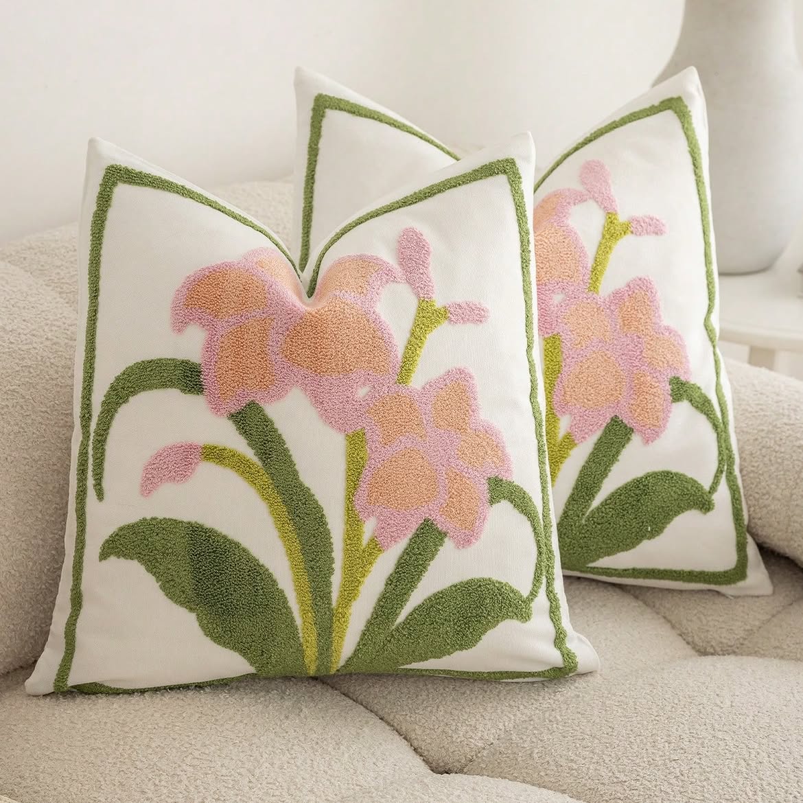 Blush Iris Embroidered Cushion Cover