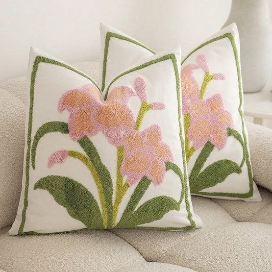 Blush Iris Embroidered Cushion Cover