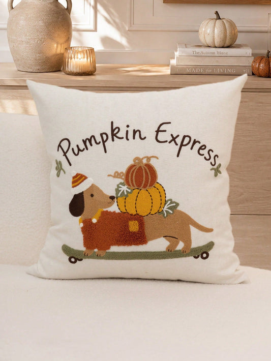 Pumpkin Express tufted embroidered dachshund cushion cover on cream bench styled with autumn pumpkins and books on sideboard