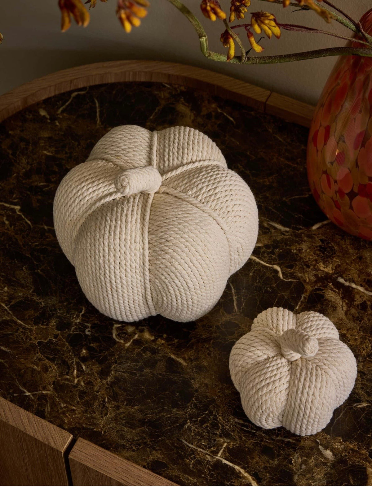Set of 2 Cream Rope Pumpkins | Neutral Autumn Décor