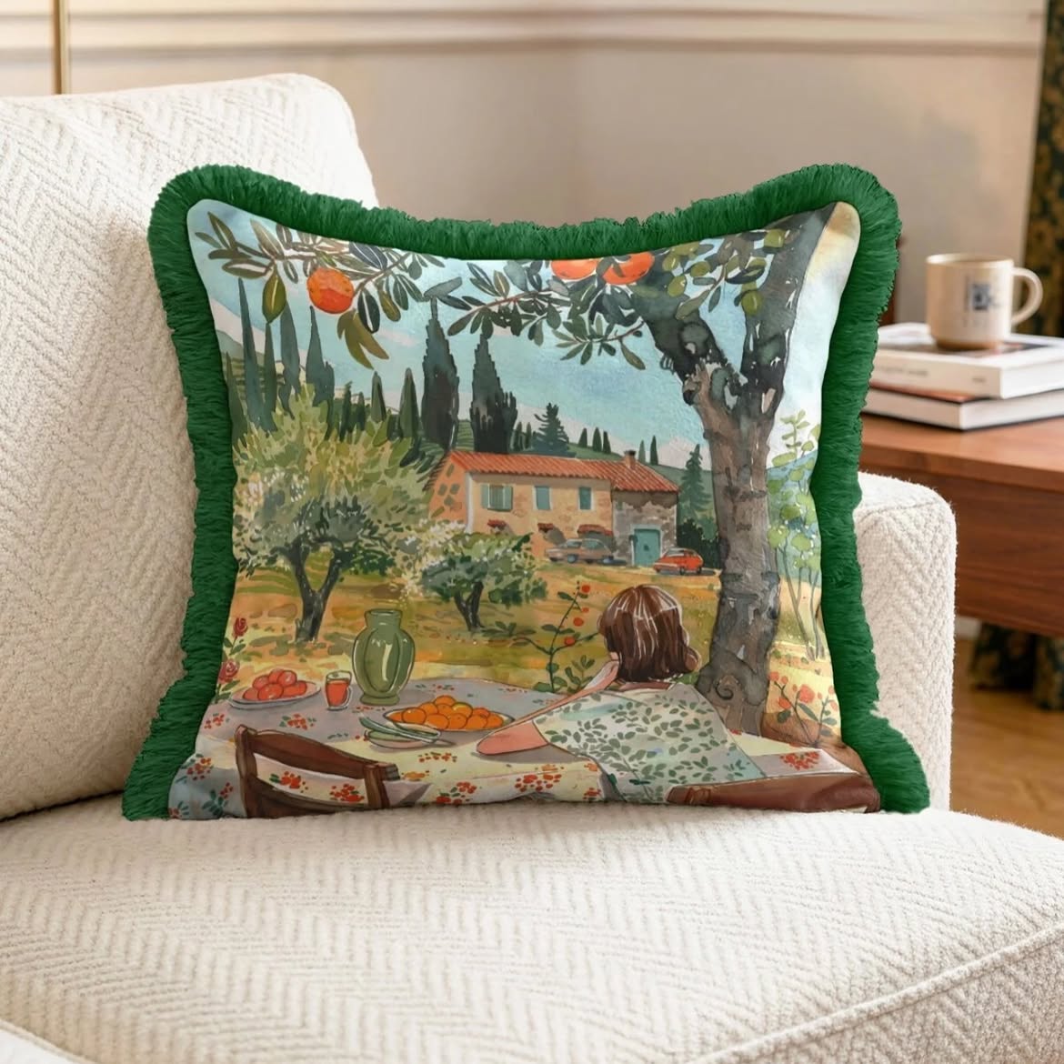 Decorative pillow with a scenic design of a woman reading by a tree on a white couch.