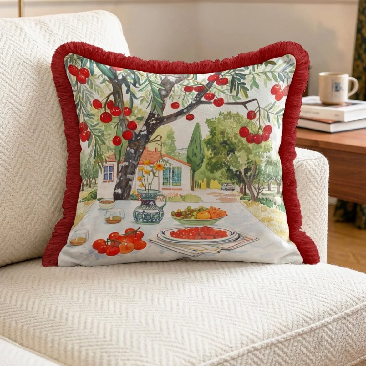 Decorative pillow with a cherry tree design on a couch