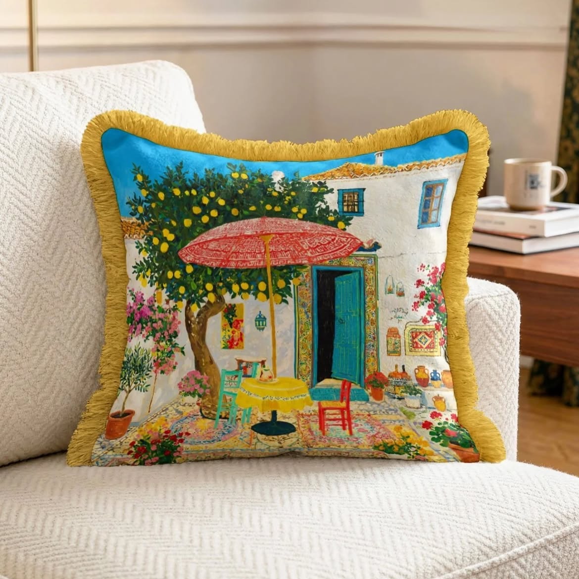 Decorative pillow with a colorful scene on a white couch