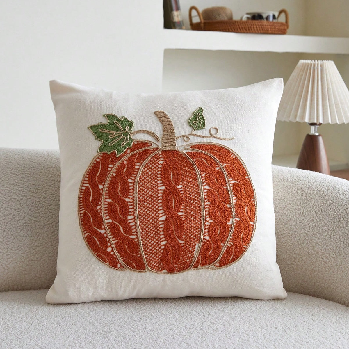 Knitted Pumpkin Embroidered Fall Pillow Cover | Autumn Harvest Décor