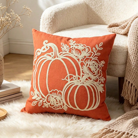 Embroidered Pumpkin Floral Fall Pillow Cover | Rust Orange Harvest Décor