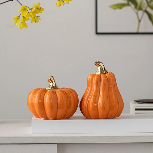 Ceramic Pumpkin Décor Set with Gold Stem | Fall Table Accent