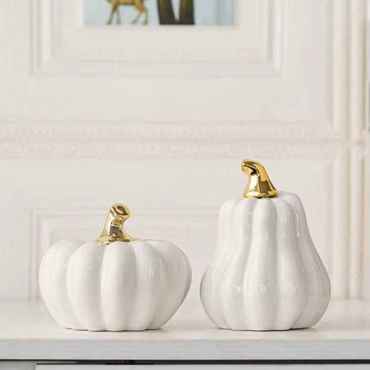 Ceramic Pumpkin Décor Set with Gold Stem | Fall Table Accent