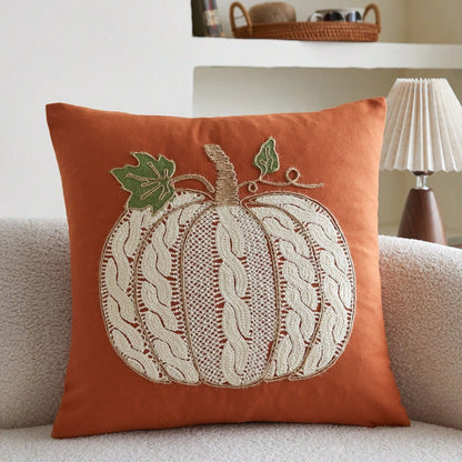 Knitted Pumpkin Embroidered Fall Pillow Cover | Autumn Harvest Décor