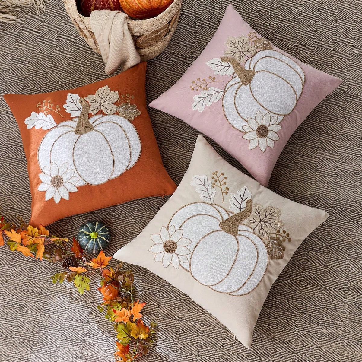 Embroidered Pumpkin Fall Pillow Covers | Autumn Harvest Décor