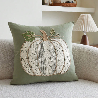 Knitted Pumpkin Embroidered Fall Pillow Cover | Autumn Harvest Décor