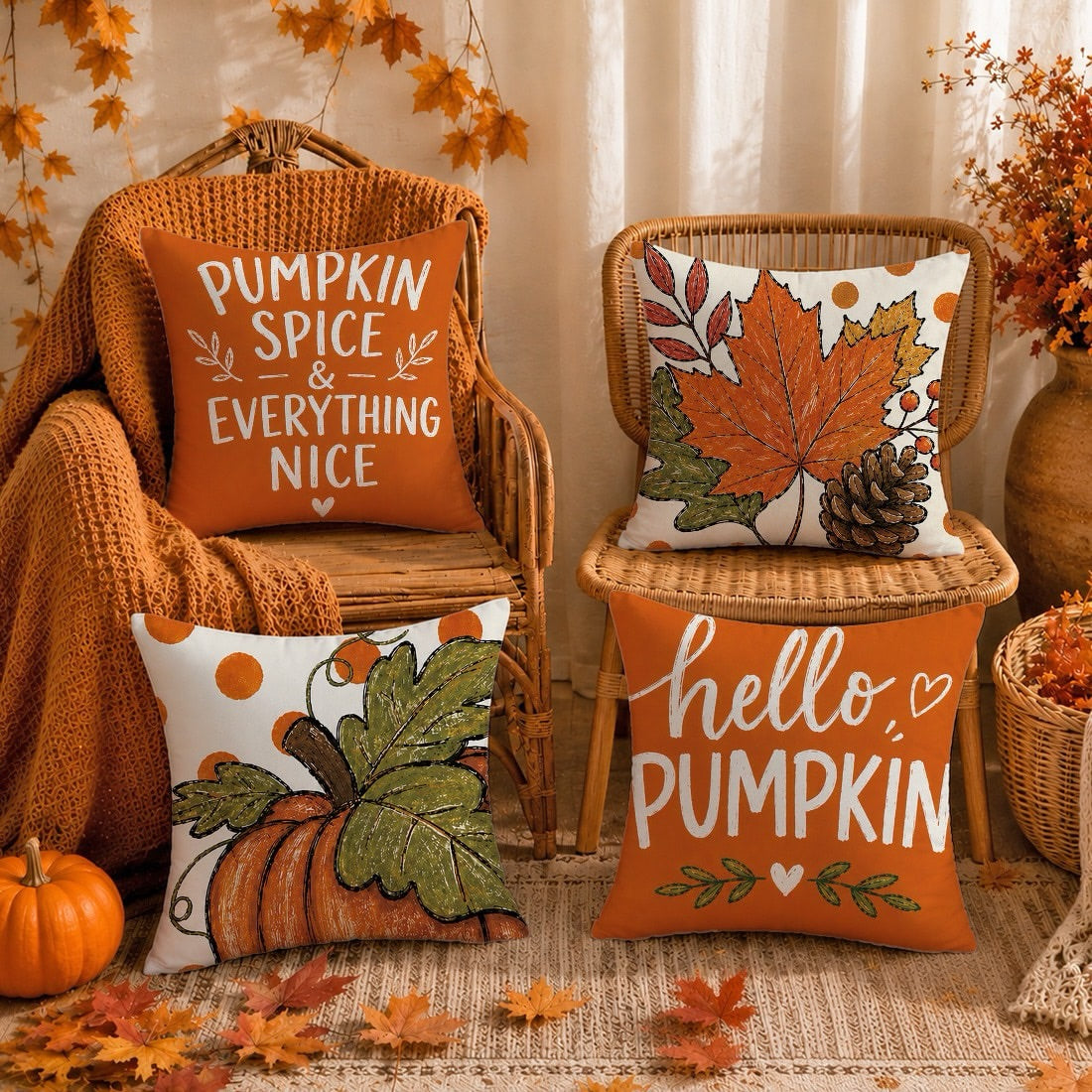Set of 4 Autumn Pumpkin Cushion Covers
