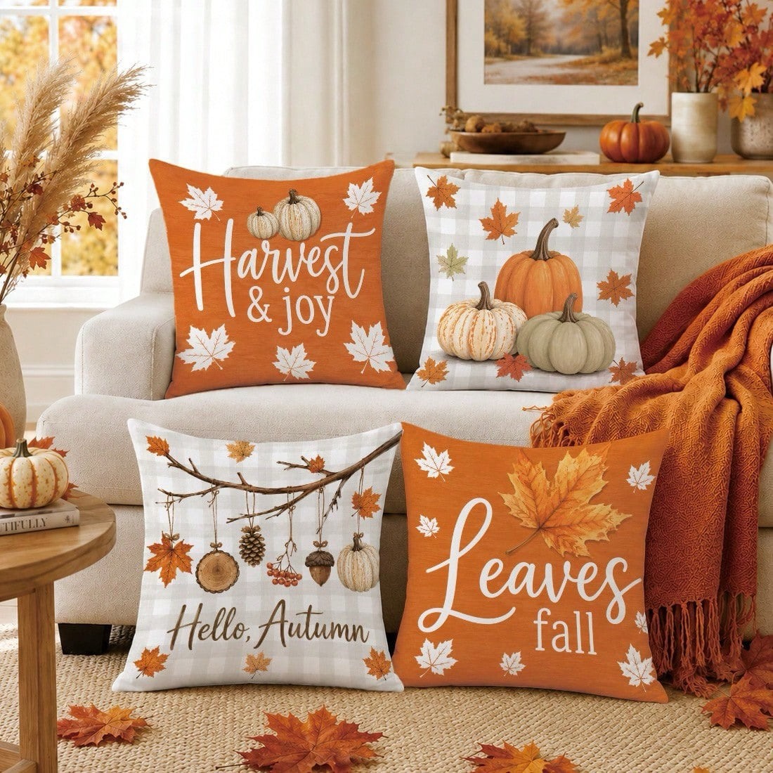 Set of 4 Autumn Pumpkin Cushion Covers