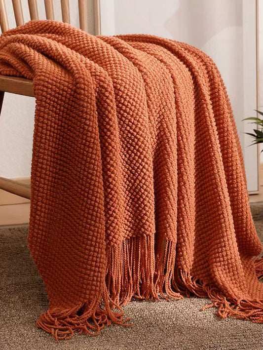 Rust Orange Knit Fringe Throw Blanket