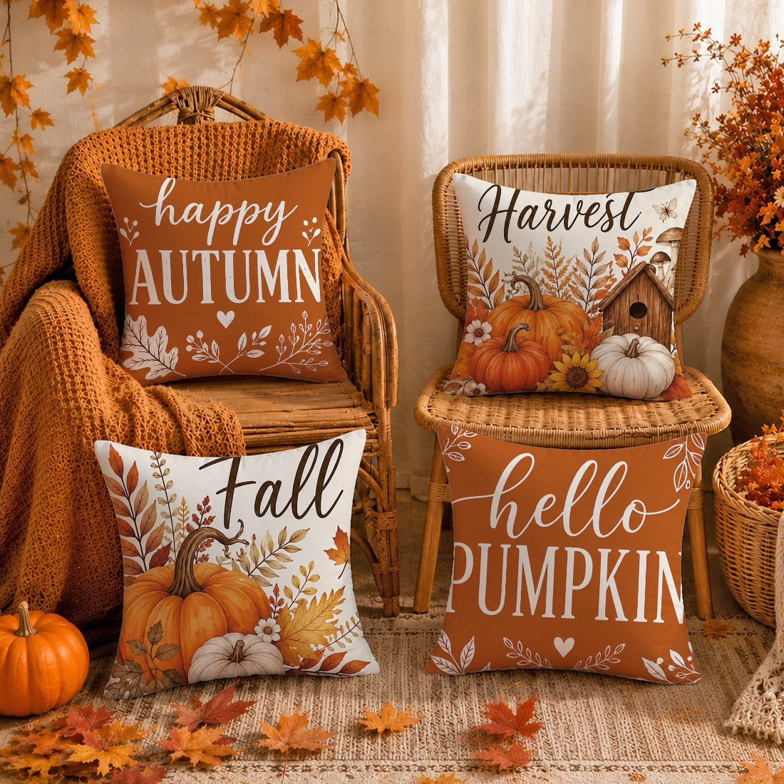 Set of 4 Autumn Pumpkin Cushion Covers