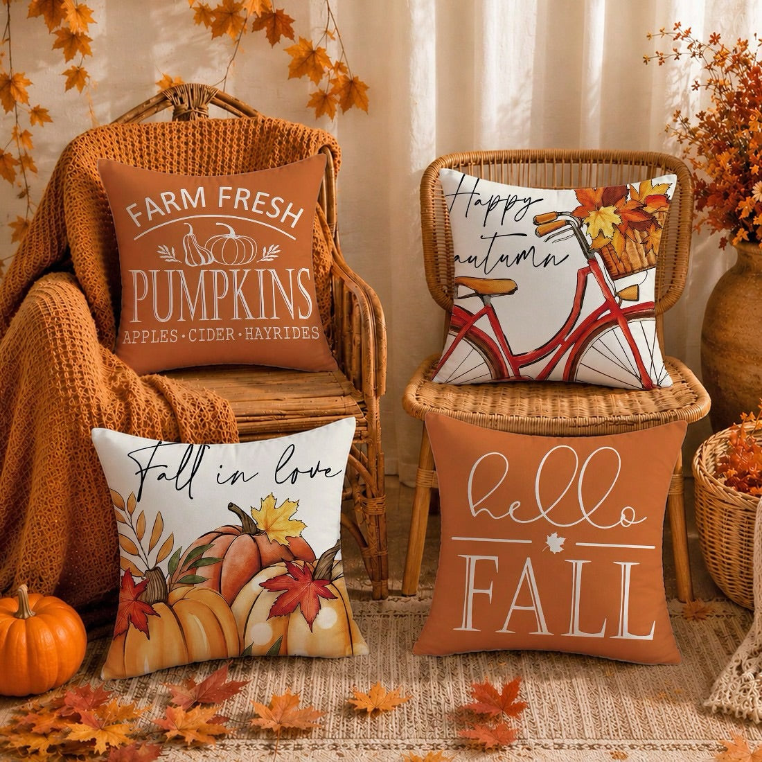 Set of 4 Autumn Pumpkin Cushion Covers