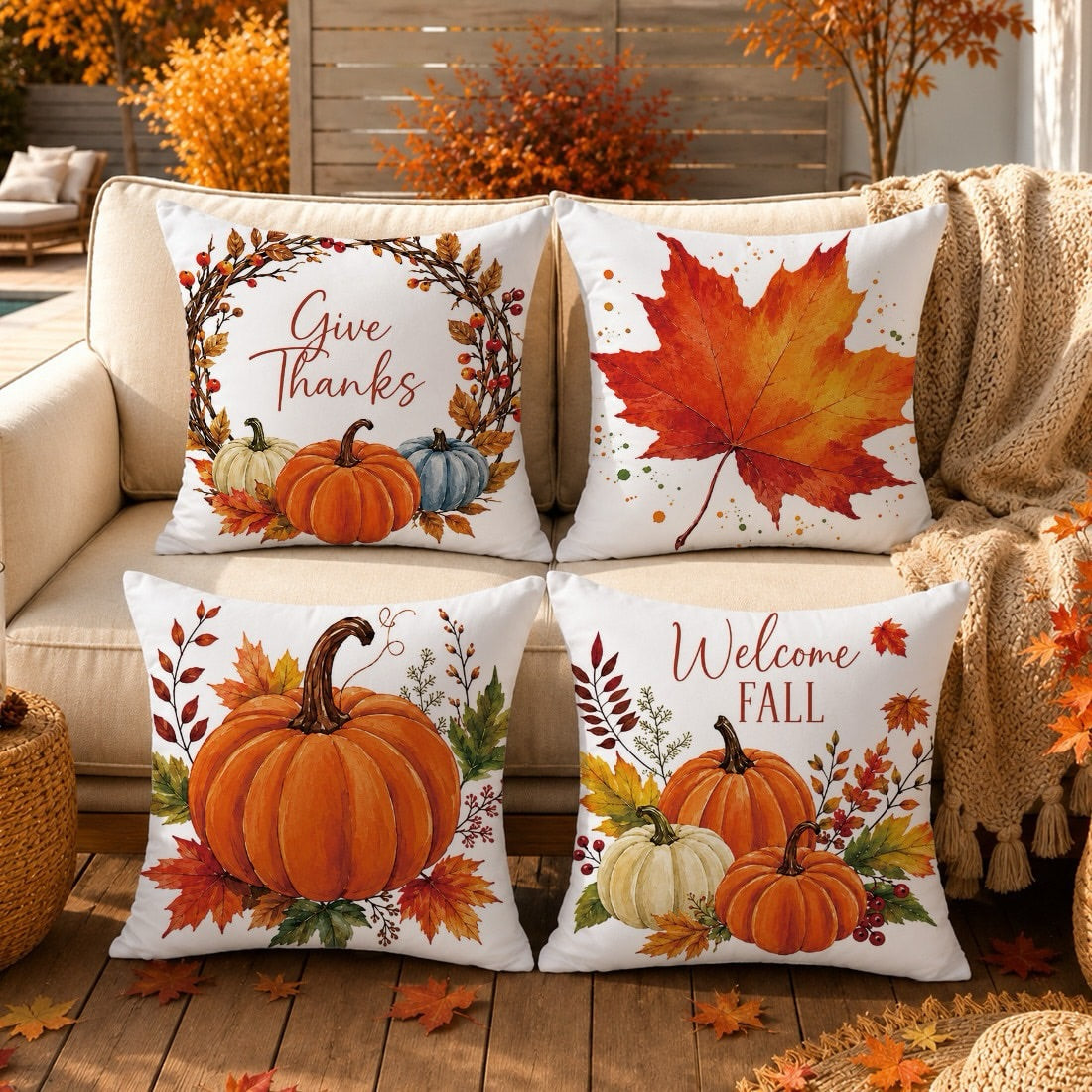 Set of 4 Autumn Pumpkin Cushion Covers