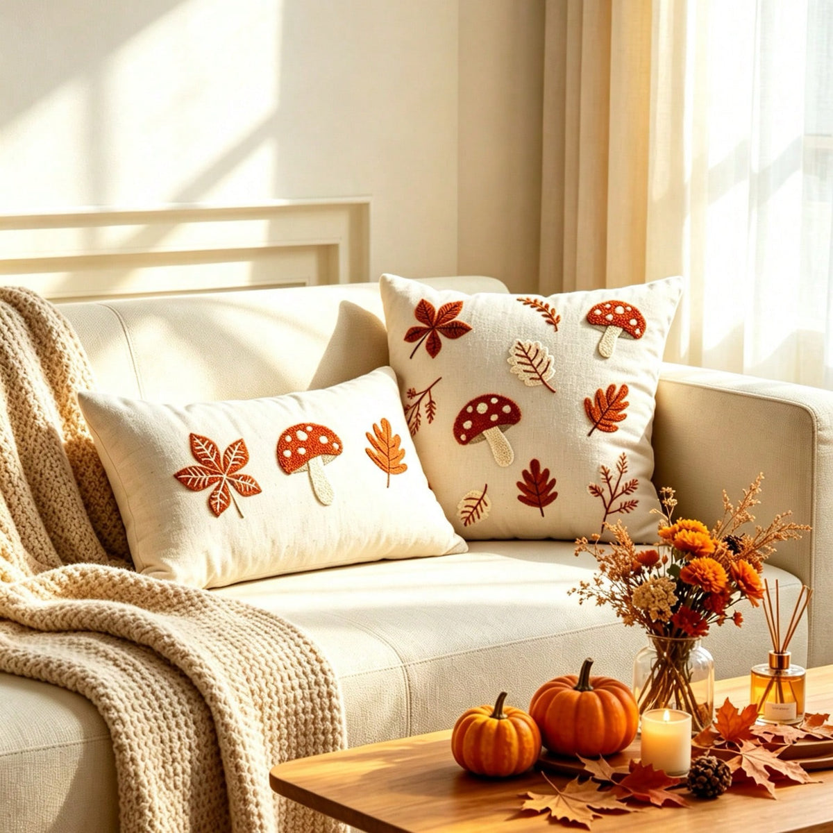 Embroidered Mushroom & Autumn Leaf Pillow Cover