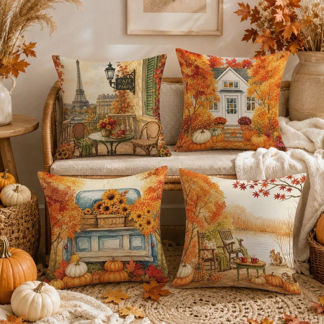 Set of 4 Autumn Pumpkin Cushion Covers