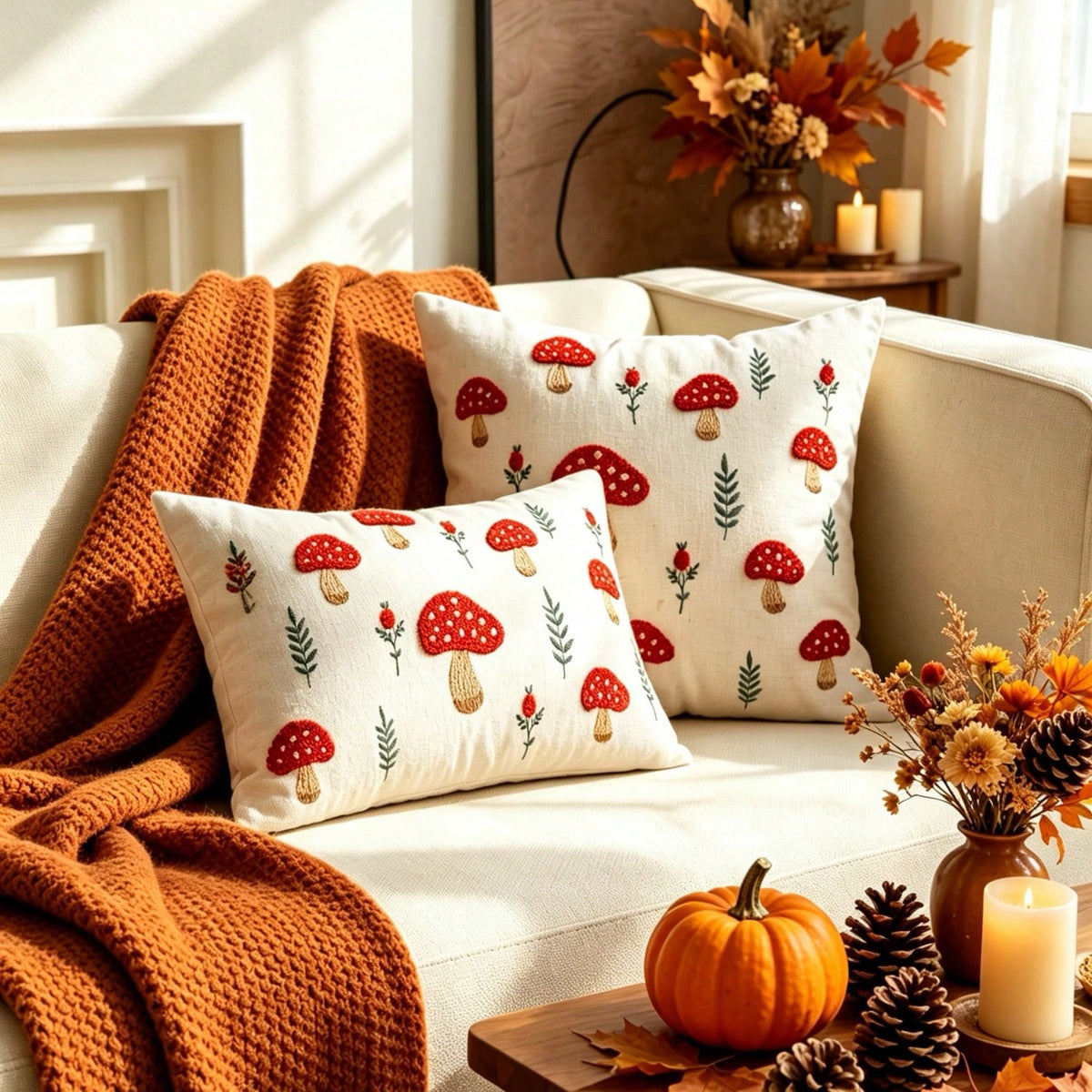 Embroidered Mushroom & Autumn Leaf Pillow Cover