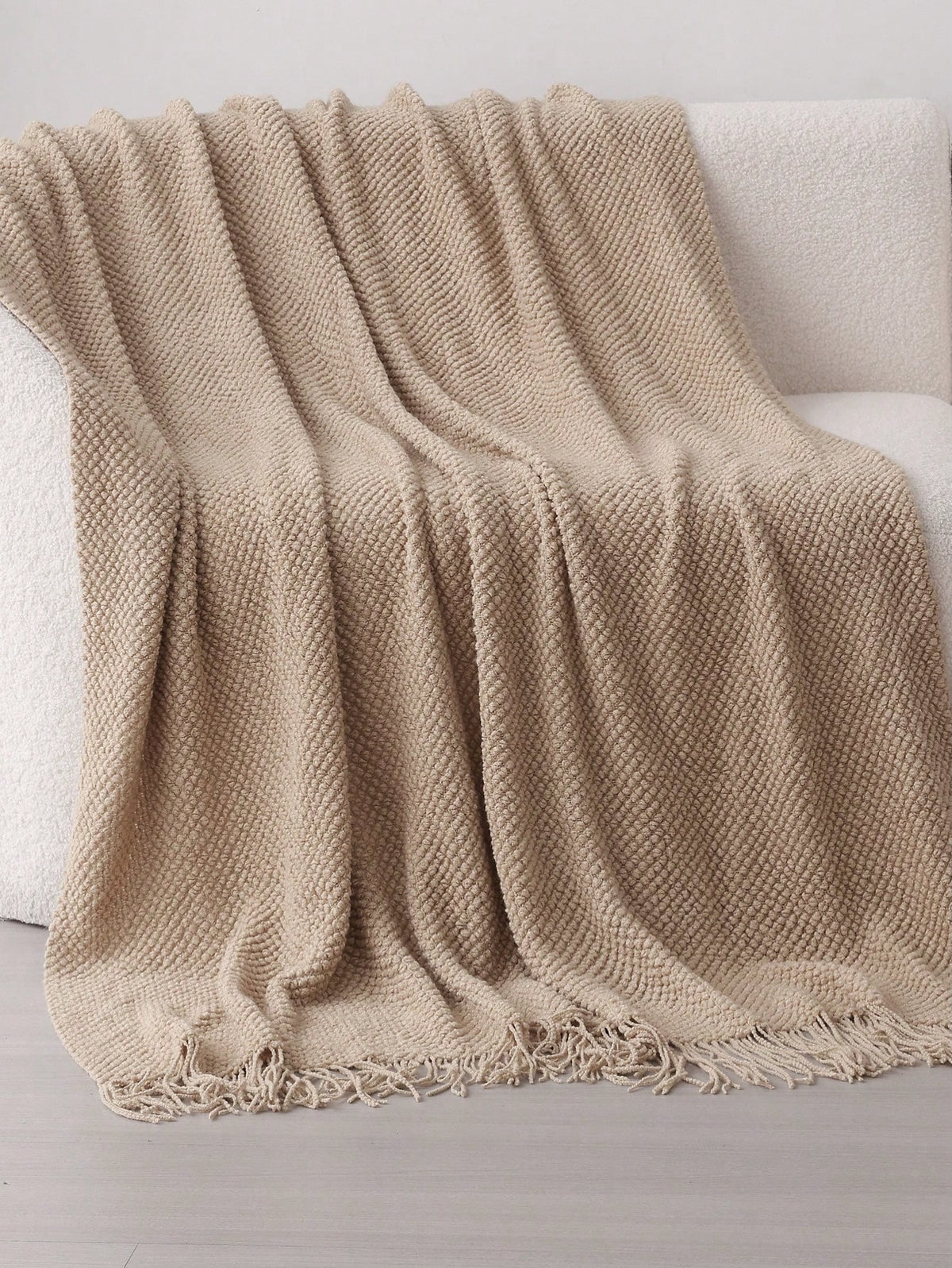 Cream Knit Fringe Throw Blanket