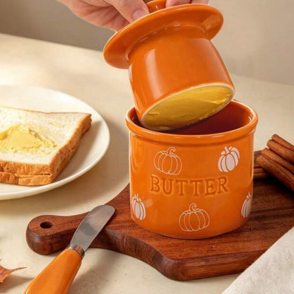 Pumpkin Ceramic Butter Crock with Lid and Spreader